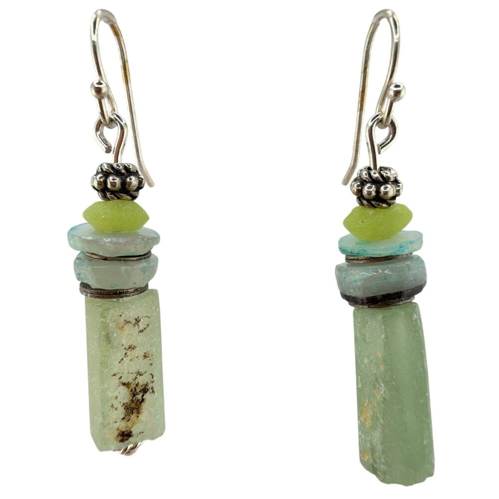 NEW Artisan Handcrafted  Ancient Roman Sea Glass Shell Bead Dangle Earrings